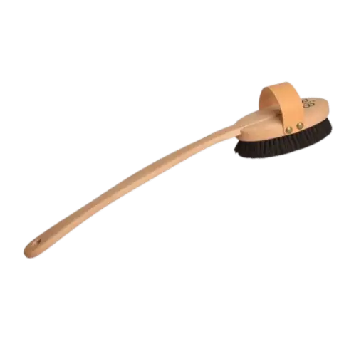 Body-Ionic-Brush mit langem Stiel aus Buchenholz, Bronzefäden mit Rosshaarrand und ungefärbtem Ledergurt – Klosterbürste für die Trockenmassage