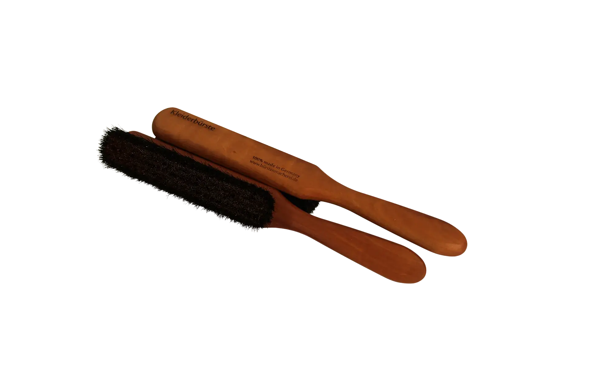 Zwei Kleiderbürsten mit Stiel aus Birnbaumholz und feinen Bronzefäden, Gravur „Kleiderbürste – 100 % made in Germany“, für Wolle, Kaschmir, Samt und Seide