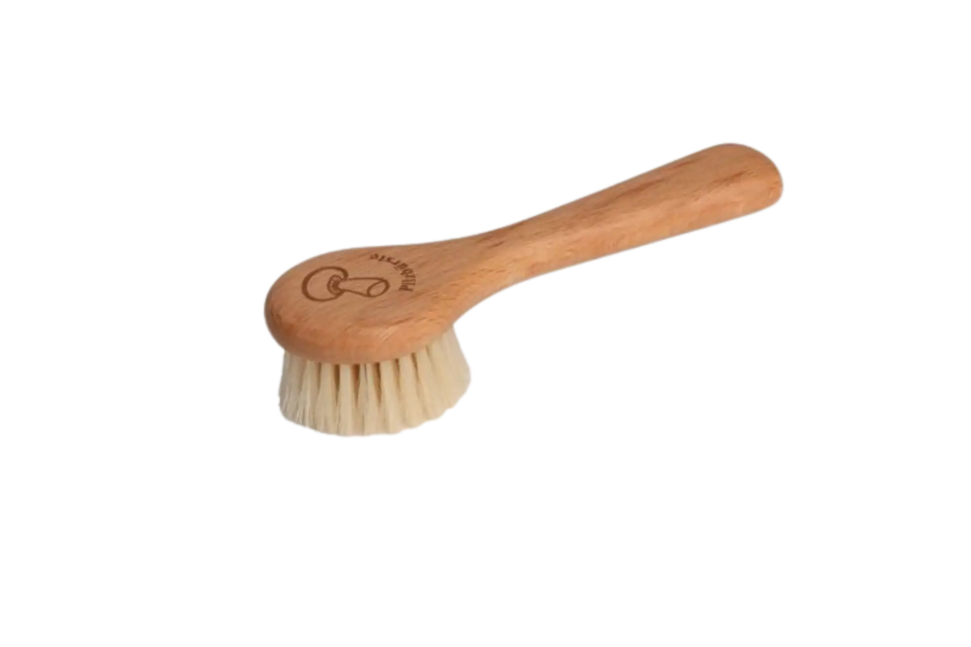 Pilzbürste mit Stiel aus Buchenholz und heller Schweineborste, Gravur mit Pilzsymbol – zum schonenden Reinigen von Speisepilzen ohne Wasser